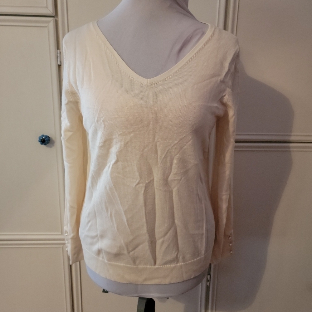 Ann Taylor Off White V-Neck Cardigan w/ Pearl Buttons on Sleeves
